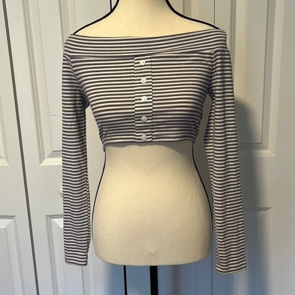Striped Off the Shoulder blue, white, and gold cropped long sleeve shirt size XS